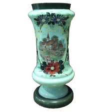 Antique Hand Painted Milk Glass Vase Cottage Scene Floral Gold Gilt 10.5”