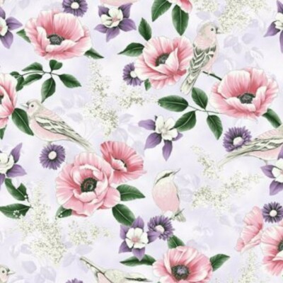 Hoffman Fly Freely Pink and Purple Floral Birds Quilt Fabric by the Yard