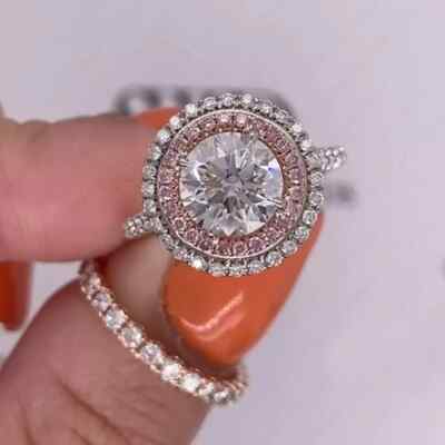 2.35Ctw Real Round Moissanite Double Halo Engagement Ring 14K White Gold Plated