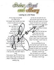 PETER YARROW, PAUL & MARY SIGNED 8.5x11 'LEAVING ON A JET...' LYRIC SHEET COA