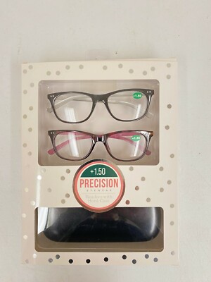 New 2 Pair Pack Precision Eyewear And Case Premium Reading Glasses +1.50 Readers