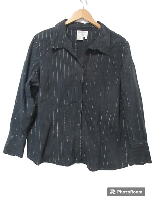 Sz 1X FRED DAVID Woman Black w/ Shimmer Silver Striped Blouse Shirt Cotton Blend