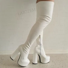 SUPER Women Thigh High Boots Side Zip Block High Heels Boots Elastic Ladies Shoe