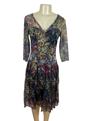 Elana Kattan Floral V-Neck Flowing Flare Paneled Skirt Women Dress Sz M - NEW