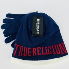 True Religion Kids Beanie Gloves 2-Pieces Set Blue Red Logo Front One Size NWT