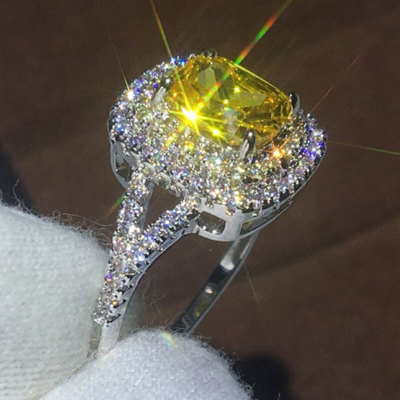 4Ct Cushion Cut Yellow Canary Diamond Double Halo Wedding Ring