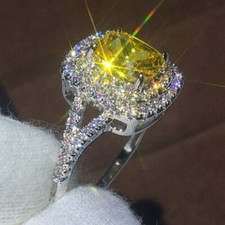 4Ct Cushion Cut Yellow Canary Diamond Double Halo Wedding Ring White Gold Finish