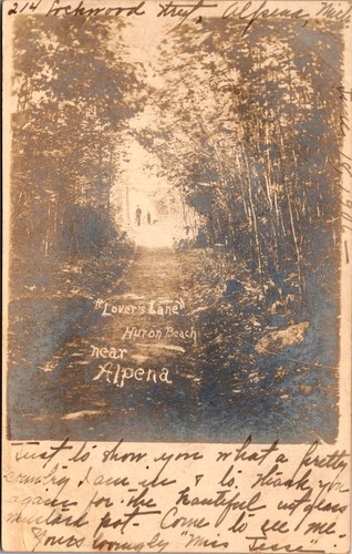 Postal de colección - Lovers Lane, Huron Beach, cerca de Alpena Michigan 1906 matasellos