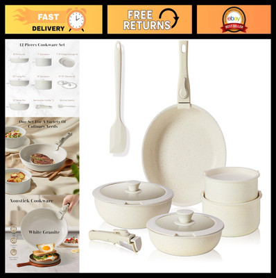 12 Pcs Nonstick Cookware Set, Induction Pots & Pans, Detachable Handle, Dishwash