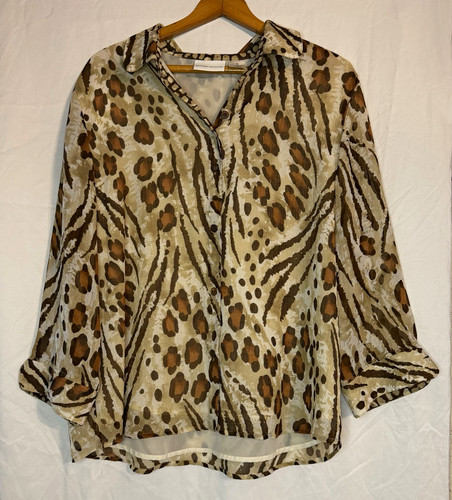 Alfred Dunner Women’s Leopard Animal Print Chiffon Button-Up Blouse Size 16