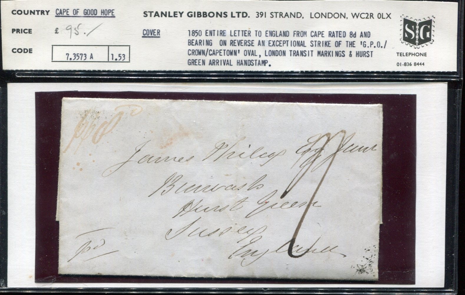 CAPE of GOOD HOPE 1850 Crown Cape Town Oval Strike COVER to Englang