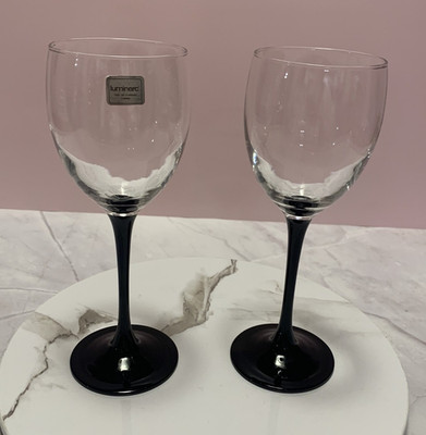 Arc Luminarc Nuance Black Stem Wine Glasses Goblets Made in France Set of 2 Vtg