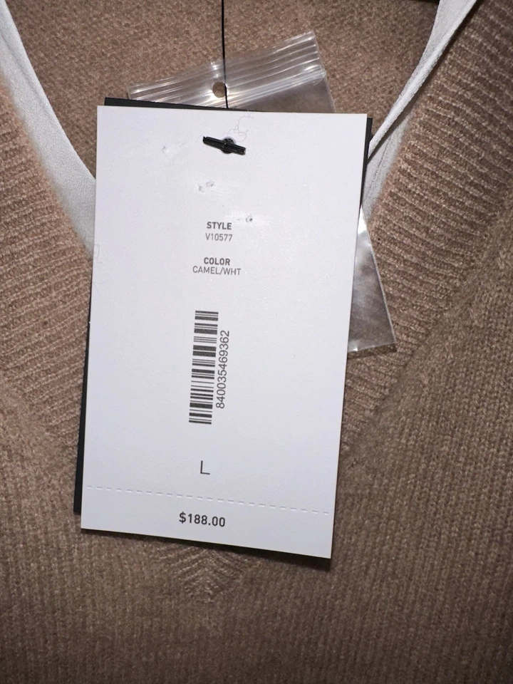 BLOOMINGDALES NUEVO CON ETIQUETAS Talla L Cachemira 2 Capas Dosfer Suéter Top Camel Marrón Blanco H97 Foto 3 de 4