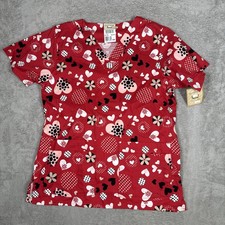 Cottonality Scrub Top Womens Size Small Hearts And Flowers Red New
