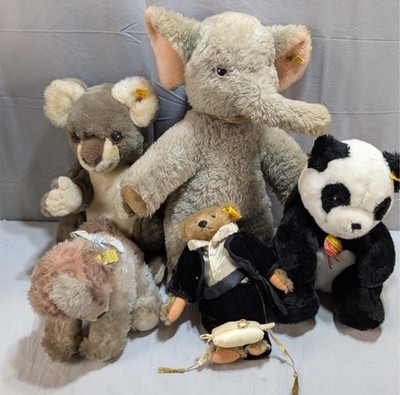 5 Vtg Steiff Stuffed Animals w Ear Tags. Groom Bear, Elephant, Panda, Dog, Koala