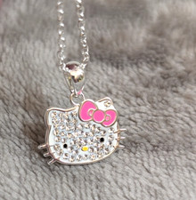 Sanrio Hello Kitty Rhinestone Pendant Necklace - Silver Tone - Pink Bow - JCM