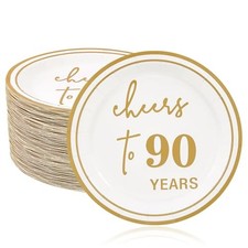 Ottin Gold Cheers to 90 Years 7'' Dessert Paper Plates 50Ct White