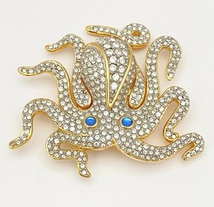 Authentic Vintage Swarovski 22K Gold Plated Swan Signed Crystal Octopus Kraken Brooch Pin