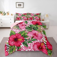 Hawaiian Plants Flowers Comforter Set Tropical Palm Leaves Twin Bedding Set P...