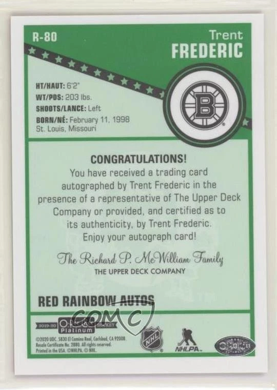 2019 O-Pee-Chee Platinum Retro Rainbow Red Trent Frederic #R-80 Rookie Auto RC - Image 2 of 2