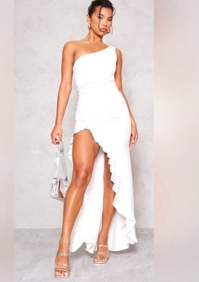 Pretty Little Thing Winter White One Shoulder Maxi Dress Ruffle Hem Size 8 NWT