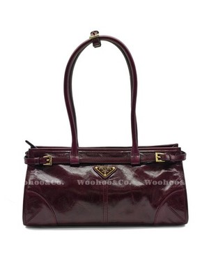 PRADA Calfskin Handbag Medium Women's Burgundy Red 12.6 x 4.7 x 6.1 in