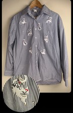 CAT Applique Women's Medium Shirt Black White Stripe Collared Crystals Kitschy