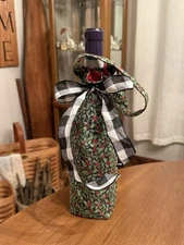 Handmade Fabric Wine Bottle Gift Bag | Holly Print  & Red Lining & Check Ribbon