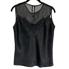 Cinema Etoile Camisole Tank Top SMALL Black Satin Sleeveless Dressy Pullover VTG