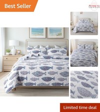 Sea of Dreams Quilt Set Queen with Fish Shams Coastal Blue White Bedding