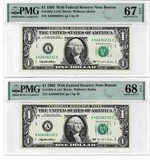1995 $1 Federal Reserve 'WEB' Notes (1 TOP POP) 2 consec. notes!)PMG 67 & 68 EPQ