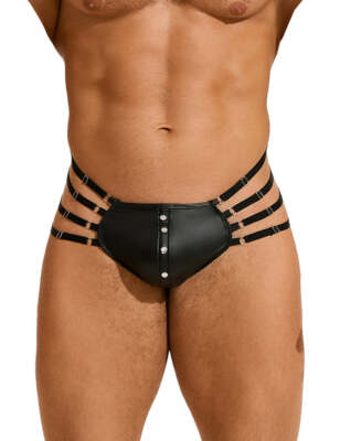 Herren Wetlook String Tanga Schwarz Harness Lack Leder Offen Bänder Nieten M/L