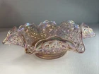 Fenton Violet Daisy & Button. 10 3/4" Bowl, pink iridescent ruffled edge.