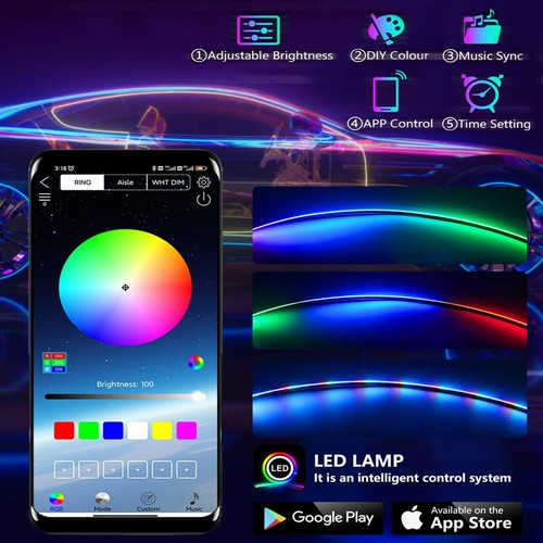 1.1m Neon LED Light Glow Strip Acrylic Car Ambient Interior Lighting APP Kit - Picture 2 of 10