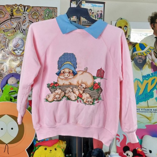 Vintage Pig Art Cottage Sweatshirt No Tag 20x22 Xs Spots A28 - Picture 2 of 5