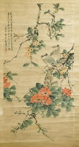 Antique Chinese Hanging Scroll Painting, with birds amongst a tree in blossom