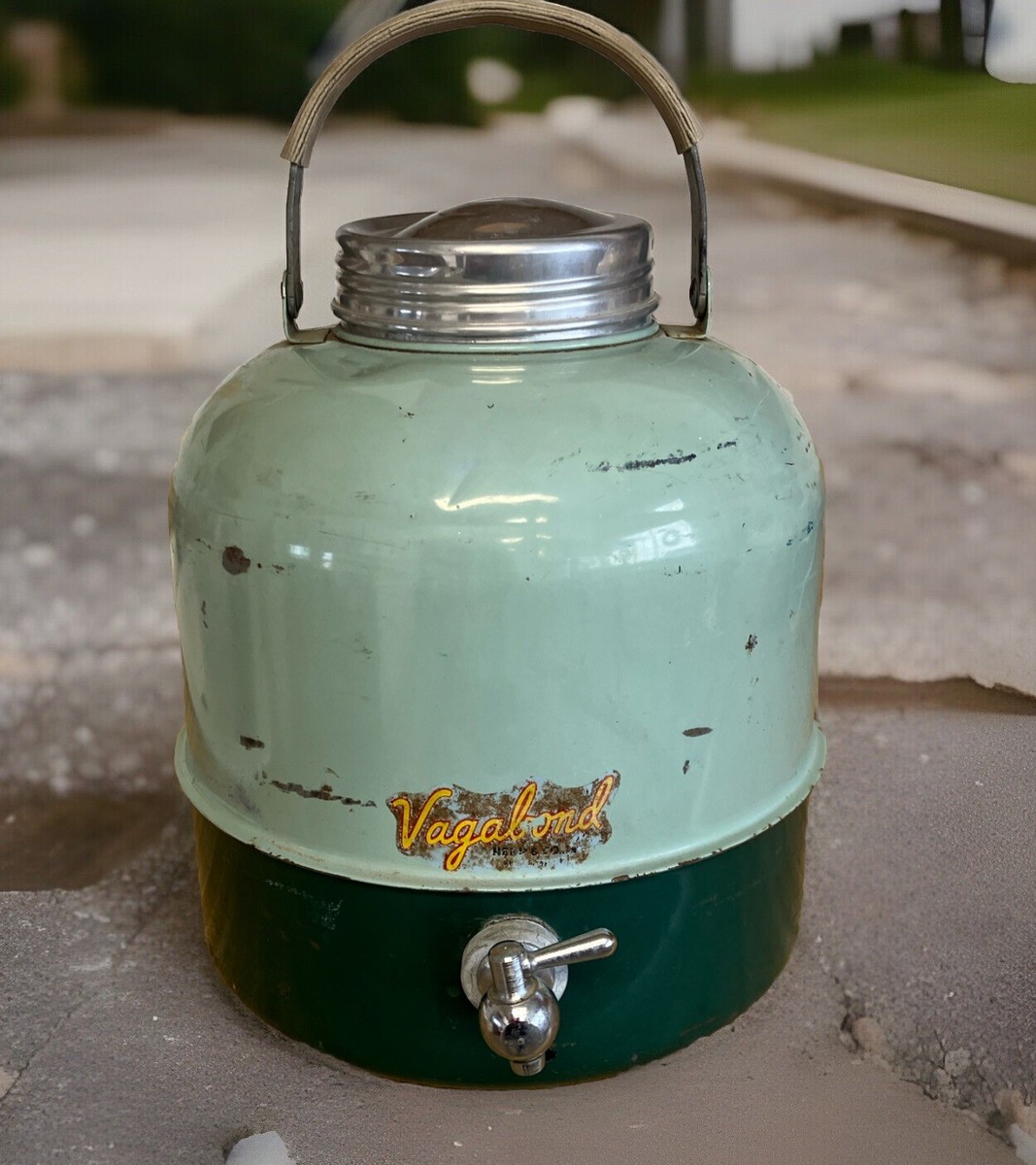 VINTAGE 1950s VAGABOND Green Metal Water Cooler Jug W Lid And Seal