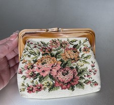 Vintage Petite Needlepoint Floral Tapestry Coin Purse Bag Hong Kong