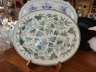 Antique Aesthetic Movement Green Transferware Platter By Wedgwood England