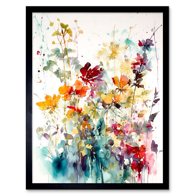 Wilde Blumen Abstrakt Aquarell Orange Rot Lila Gerahmt Kunst Bild 9X7