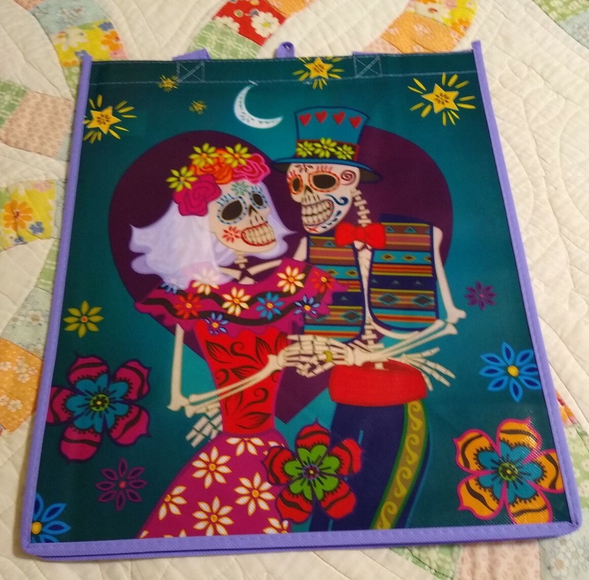Dia de los Muertos 💀 Reusable Eco Purple Shopping Tote Bag with Handles New!