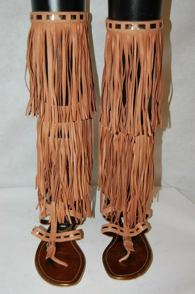 37.5/7.5❤️$1250 BRIAN ATWOOD MADE ITALY TAN LEATHER KNEE HIGH GLADIATOR SANDALS - Image 3 of 4