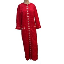 Vintage Robe Womens Size L 60s Red Embroidered Floral Quilted, Granny Made USA