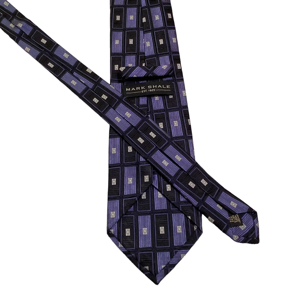 Corbata XL de seda para hombre Mark Shale ITALIA diseñador geométrico azul/negro usada en excelente estado rara Foto 3 de 3