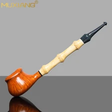 MUXIANG Smooth Briar Freehand Tobacco Pipe Wooden Smoking Pipe Bamboo Stem
