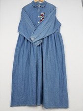 VTG 90s Disney Mickey Minnie Donald Goofy Embroidered Denim Button Front Dress