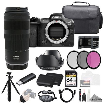 Canon EOS R5 + RF 100-400mm f/5.6-8 IS USM Lens +64GB +Ext Bat+ 3 PC Filter- Kit