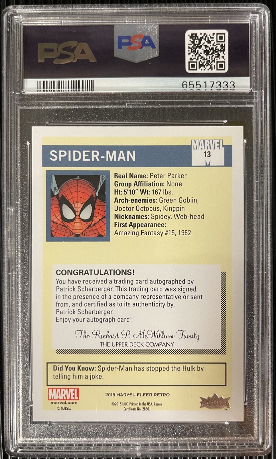 2015 Marvel Fleer Retro 1990 Impel Auto Spider-man Scherberger PSA 10 Universe view 8