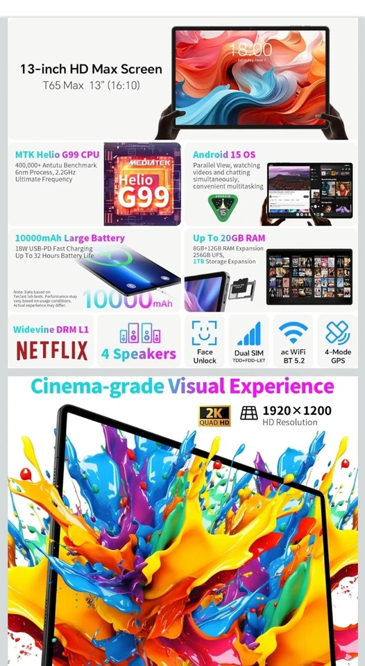 Teclast T65 Max 13 Zoll 20GB RAM+256GB ROM Gaming Tablet Android Tablet 10000mAh - Bild 4 von 4