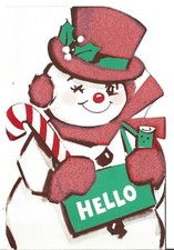 Vtg Christmas Greeting Card 3.5x5.25 Snowman with Red Flocking  Candy Cane
